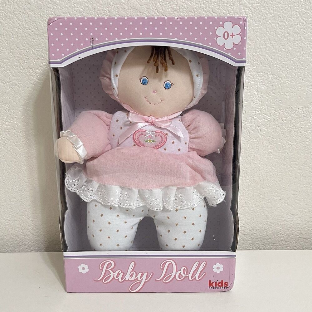 Kids Preferred Soft Plush Baby Doll Pink Dress Blue Eyes Brown Hair In Box